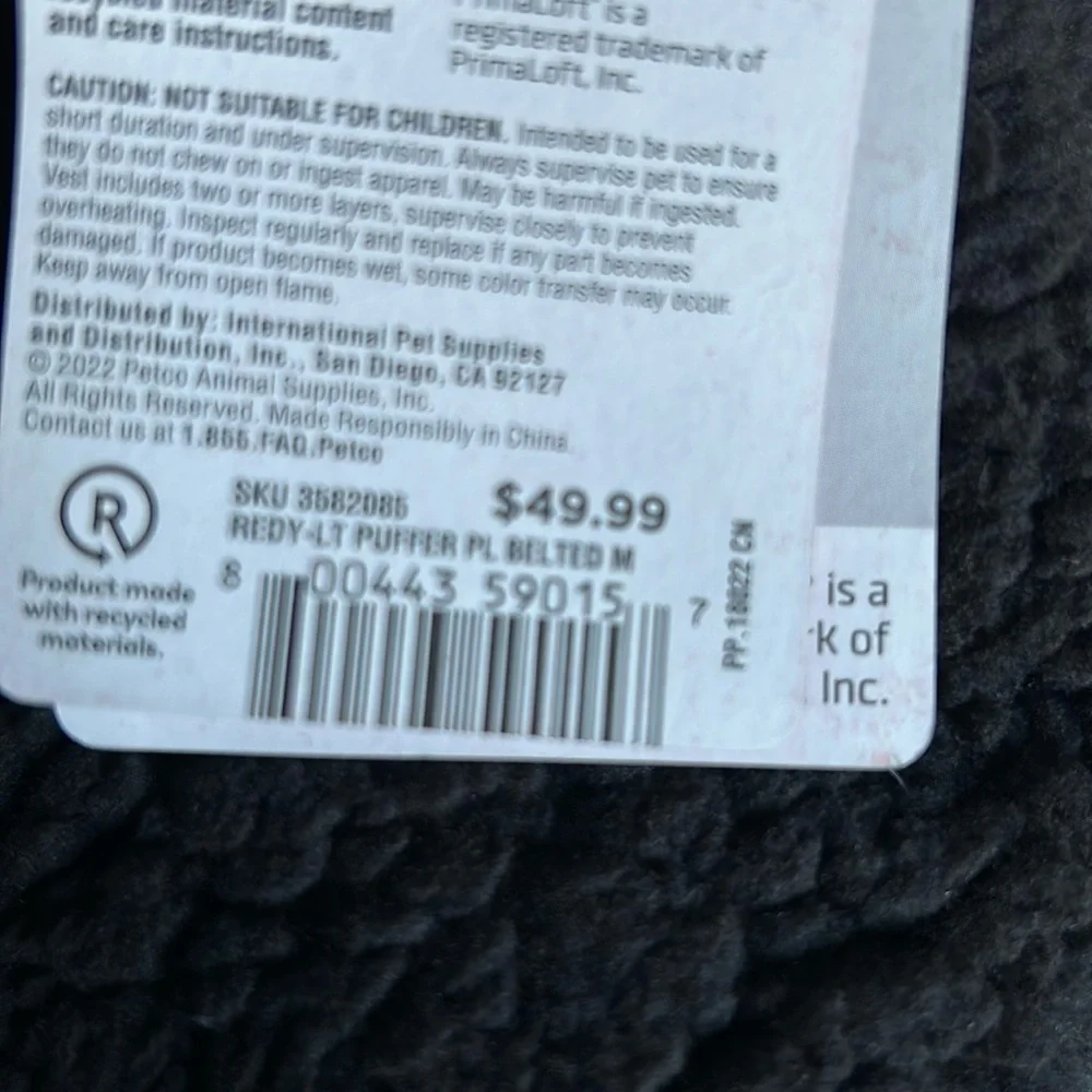 NWOT light puffer belt Camo dog jacket M